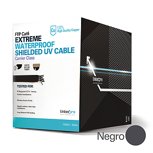 Bobina de cable de 305 Metros Cat6+ CALIBRE 23 Exterior Blindado tipo FTP para CLIMAS EXTREMOS, UL, color Negro,