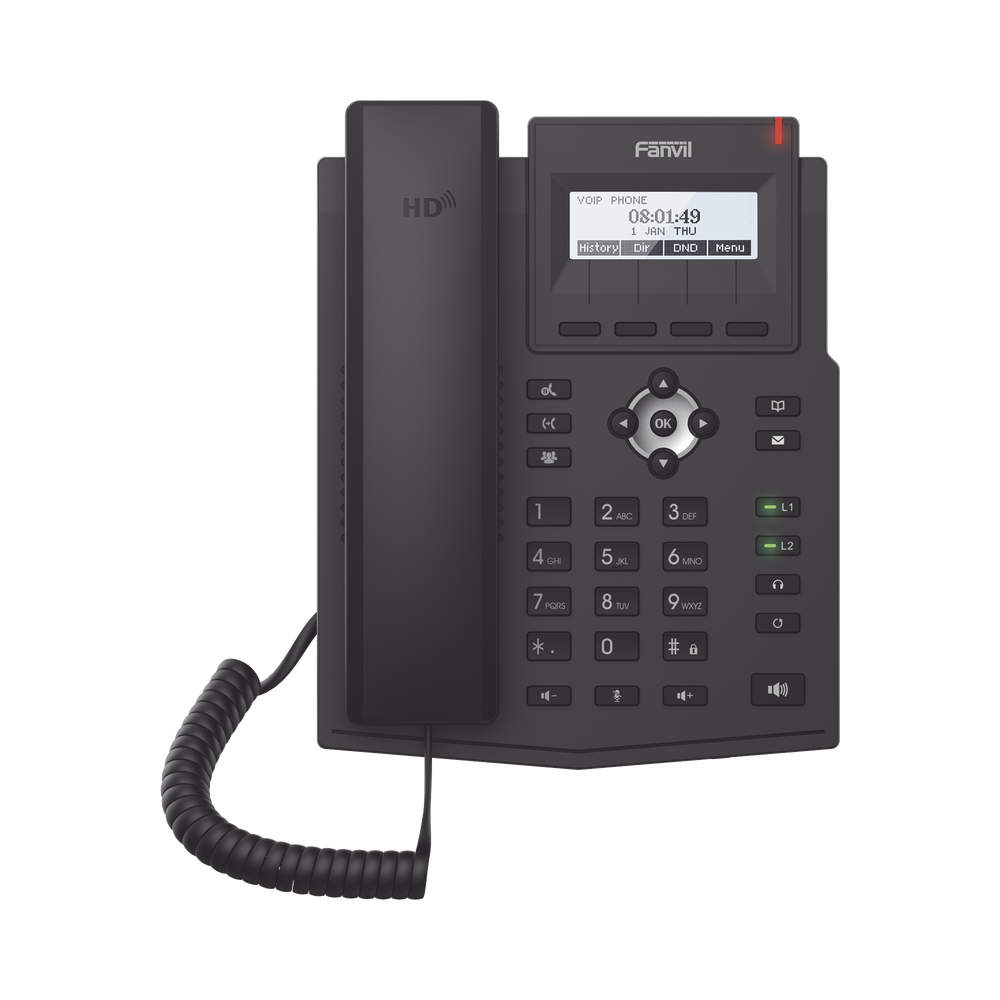 Teléfono IP empresarial para 2 lineas SIP con pantalla LCD, Códec Opus, conferencia de 3 vías, PoE.